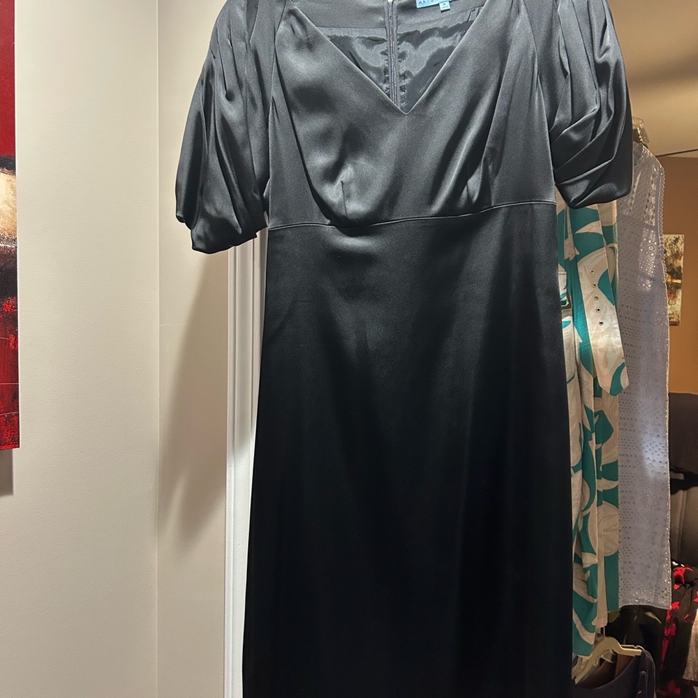 ANTONIO MELANI Elegant Black Midi Dress with draped short sleeve.